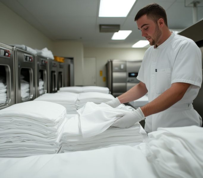 Man Folding Laundry in a Laundry Room 0804-MD A professional handling hotel linen in a commercial laundry setup, with very very very large background copy space. Shot with sony a73 wide angle lens f2.8 --ar 3:2 --stylize 250 --v 6.1 Job ID: c7221f34-51db-4bc6-9760-5244d10031b3