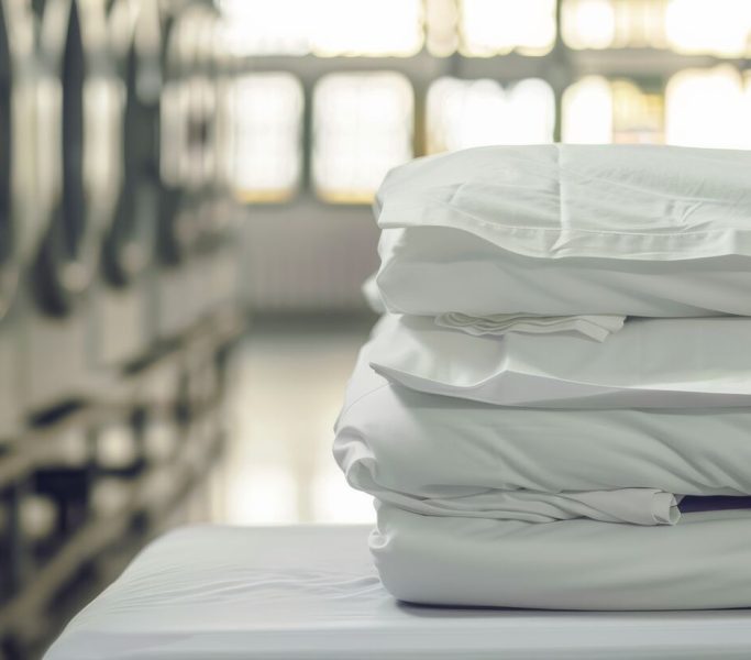 Freshly laundered white linens neatly folded on a table, set against the backdrop of an industrial laundry room. Freshly laundered white linens neatly folded on a table, set against the backdrop of an industrial laundry room.